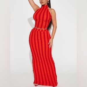 Fashion Nova Elegant Red & Orange Halter Neck Skirt Set, Size: Medium ✅